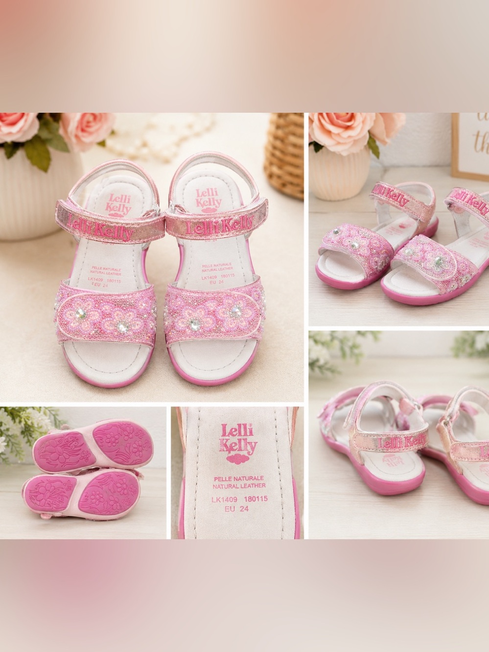 Lelli Kelly Girls Pink Glitter Floral Jeweled Sandals EU 24 US Toddler 8